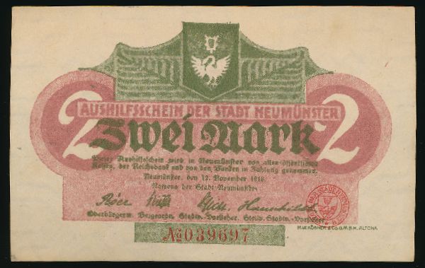Ноймюнстер., 2 марки (1918 г.)