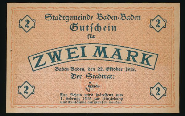 Баден-Баден., 2 марки (1918 г.)