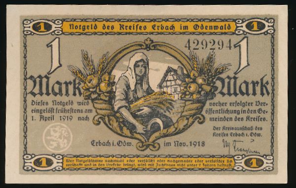 Эрбах в Оденвальде., 1 марка (1918 г.)
