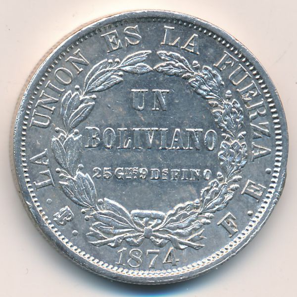 Боливия, 1 боливиано (1874 г.)