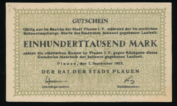 Плауэн., 100000 марок (1923 г.)