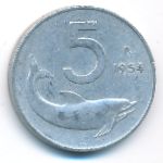 Italy, 5 lire, 1954