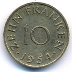 Saarland, 10 franken, 1954